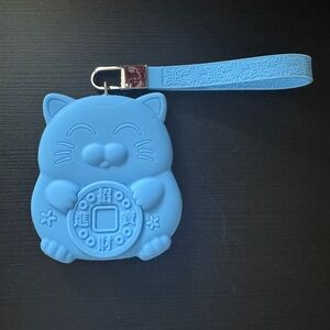 Maneki Neko Lucky Cat Silicone Card Key Ring Holder Case Bag Organizer blue